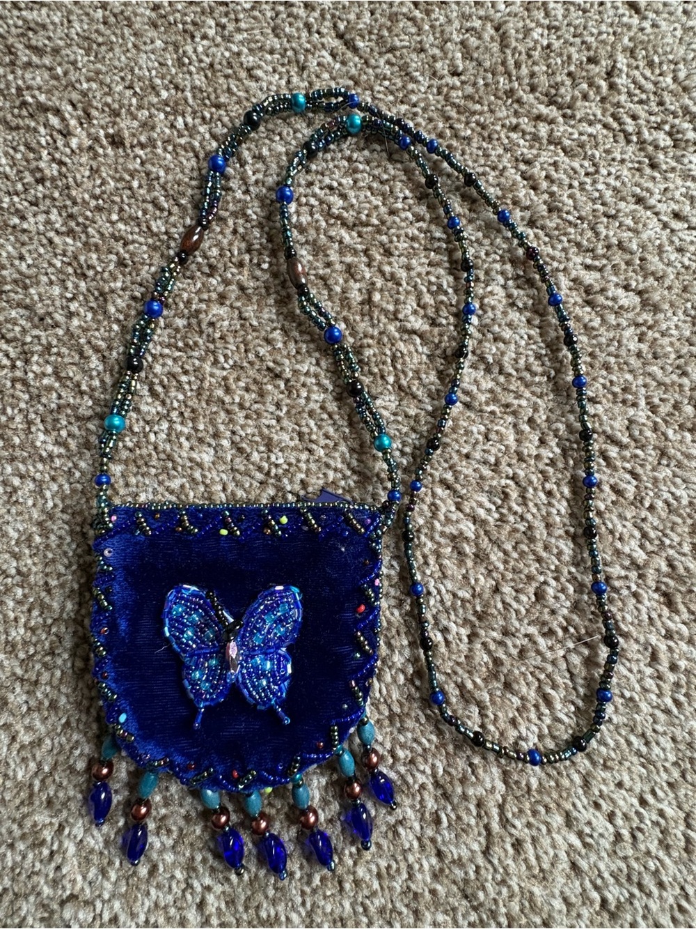 Beaded Blue Velvet Butterfly Crossbody/Necklace